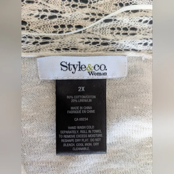 Style & Co Woman 2X Cream Pointelle Knit Boho Open Front Linen Blend Old Money, - Picture 3 of 8